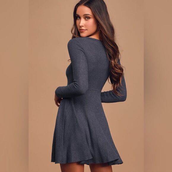 Lulus Fit and Fair Denim Blue Ribbed Knit Long Sleeve Skater Dress XL - Picture 1 of 14